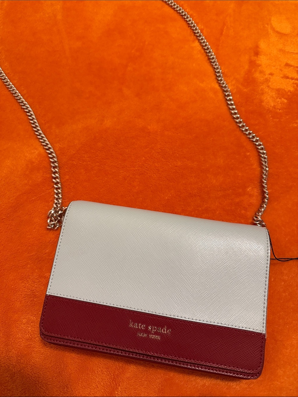 kate spade Two-Tone Leather Crossbody in White and Red with Gold Chain